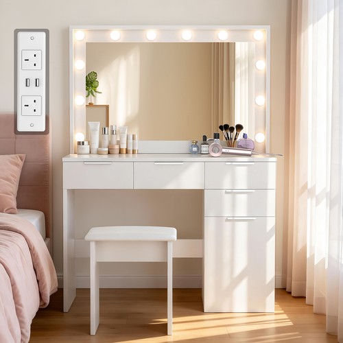 White dressing table with bulb - with,